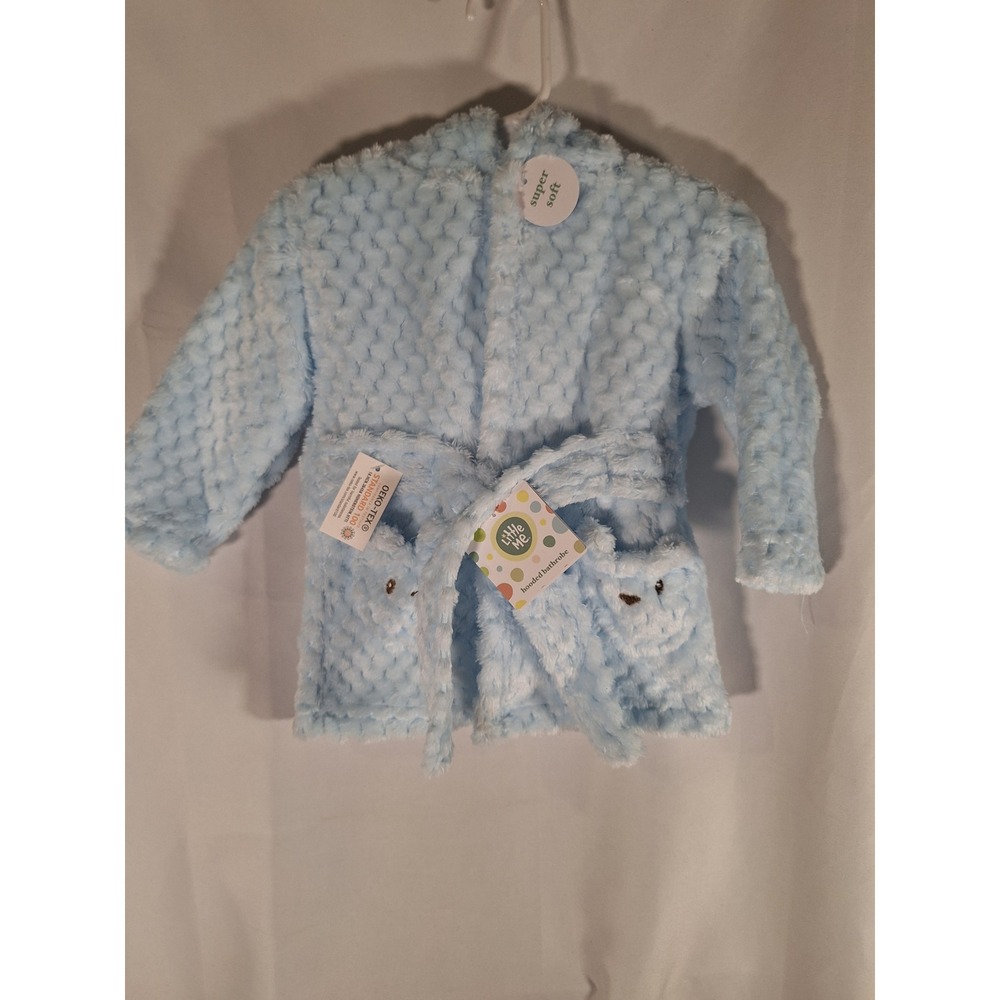 Little Me Baby Boy Blue Faux Fur Hooded Bathrobe Bear Pockets LS4692 0-9M NWT